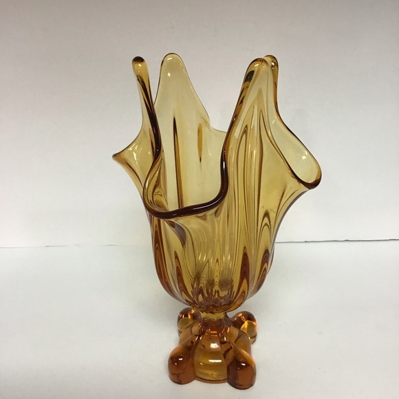 Vintage MCM 8” Viking Glass Amber Swung Stretch 4 Finger Footed Pedestal… - Picture 11 of 12